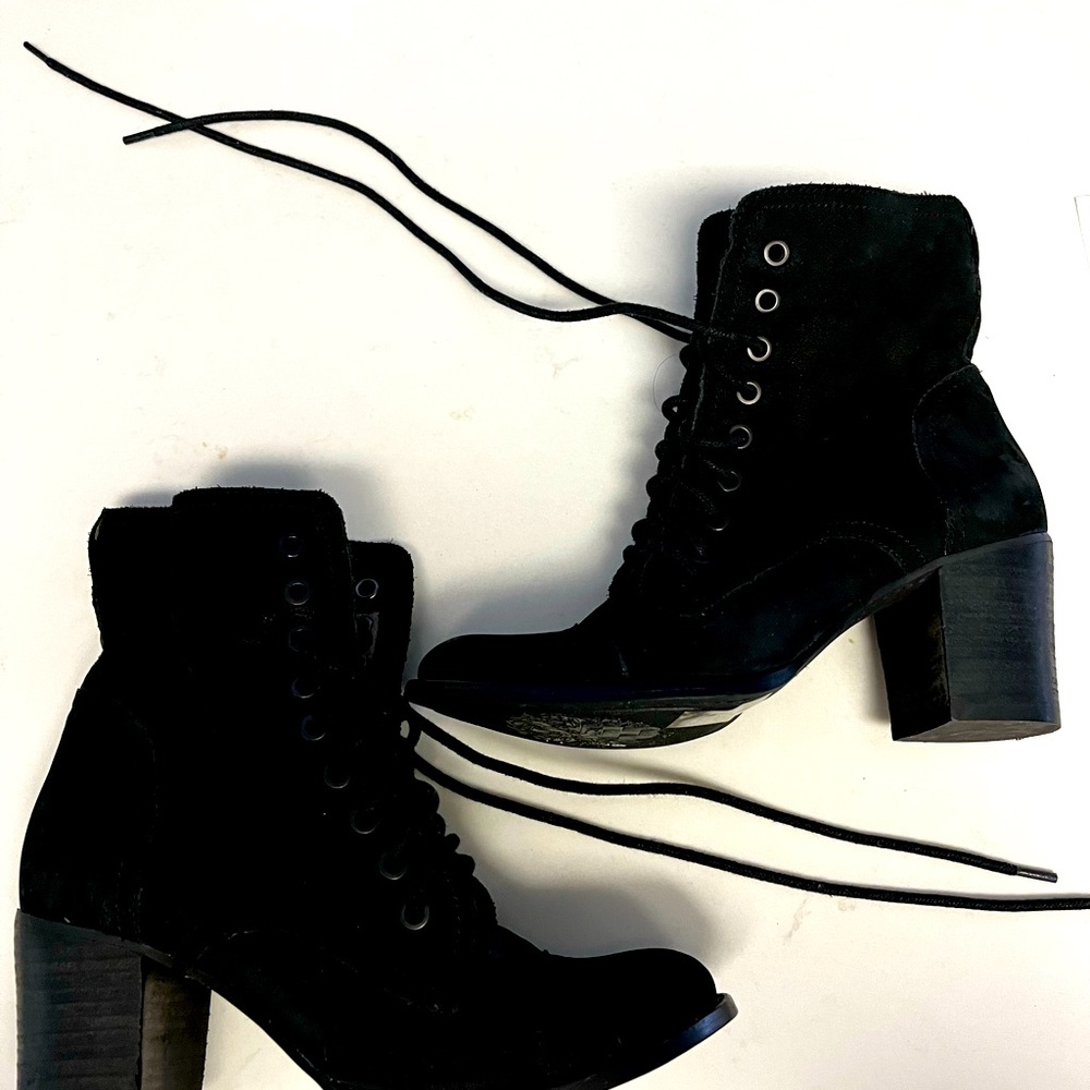 Vince Camuto black suede heeled boots, size 6B/36
